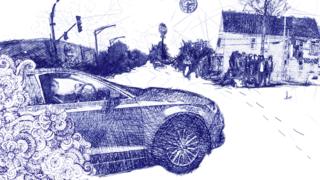 Illustration of Guadalupe driving a car through Chicago streets