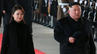 North Korean leader Kim Jong-un and his wife Ri Sol-ju as they prepare to leave for China from Pyongyang, North Korea, 7 January 2019