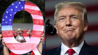 Donald Trump y una pancarta de los seguidores de la teoría de la conspiración QAnon.