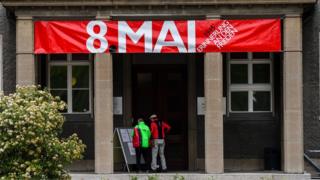 A sign reading 8 May hangs on the German-Russian Museum in Berlin