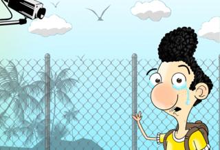 Мультфильм, показывающий Али Дорани на острове Манус, со слезами на глазах