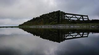 Gate reflected in a pool of water