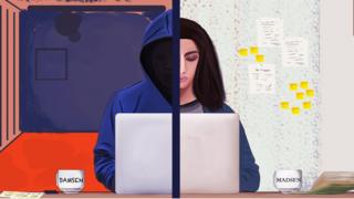 Illustration of Michelle Madsen at a laptop in one half of the picture, and a hooded figure representing 'Michelle Damsen' in the other.