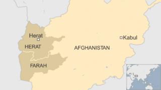 Map showing the location of the western province of Herat, Farah and the Afghan capital Kabul