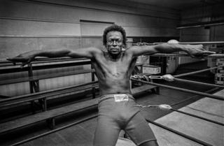 Miles Davis in boxing ring Newman’s gym, San Francisco, 1971