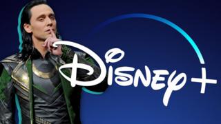 Tom Hiddleston dressed as Loki next to the Disney+ logo