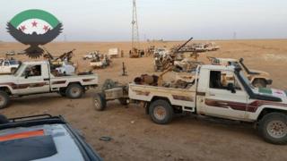 Photo published by New Syrian Army purportedly showing rebels advancing on Albu Kamal (29 June 2016)