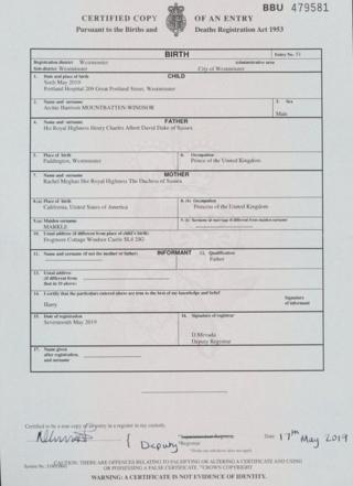 Archie Harrison Mountbatten-Windsor's birth certificate