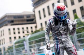 British racer Sam Bird celebrates his first Formula E victory in Putrajaya, Malaysia in 2014