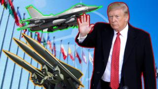 Donald Trump, a plane and some missiles in front of Nato flags