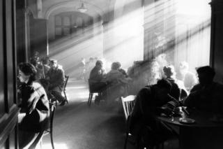Students gathered drinking coffee in the student union, 1964.