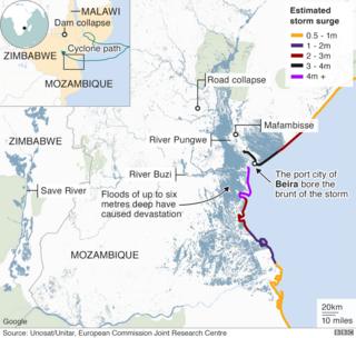 Map showing areas affected by flooding caused by Cyclone Idai