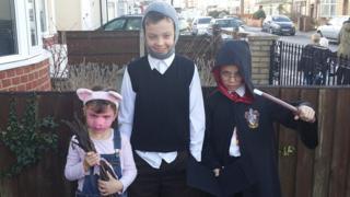 Luke, Oliver and Erin are from Clacton-on-Sea. They are dressed as (left to right) Little Pig, William Beech from Goodnight Mr Tom, and Harry Potter