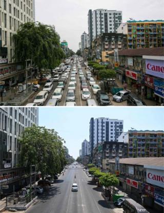 Traffic in central Yangon on 19 September, 2019 (top) and a car travelling along the same road on 12 April, 2020