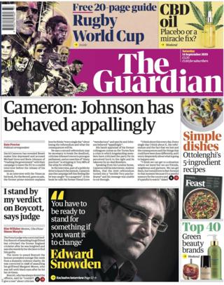 The front page of the Guardian on 14 September 2019