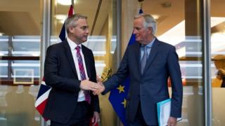 Brexit Secretary Stephen Barclay shakes hands with the EU's chief negotiator Michel Barnier