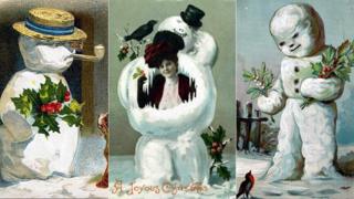 Victorian Christmas card with snowmen