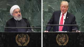 دونالد ترامپ، رئیس جمهوری آمریکا و حسن روحانی، رئیس جمهوری ایران در مجمع عمومی سازمان ملل متحد