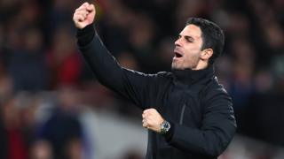 Mikel Arteta the manager of Arsenal celebrates during the Premier League match