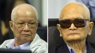 Khieu Samphan (left) and Nuon Chea (right) during the trial that was held in Phnom Penh on August 7, 2014