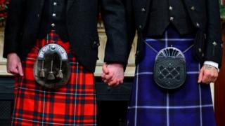 Kilts and sporrans of wedding couple