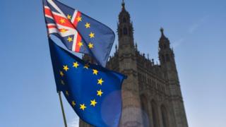Union Jack and EU flags in front of parliament.
