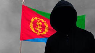 Graphic of mystery man in front of an Eritrean flag