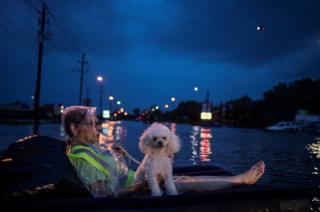 A rescue helicopter hovers in the background as an elderly woman and her poodle use an air mattress to float on flood waters from Tropical Storm Harvey while waiting to be rescued from Scarsdale Boulevard in Houston.
