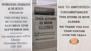 Уведомления о закрытии в витринах магазинов Бертона, Дороти Перкинс, Грейнджер Игр и Poundworld