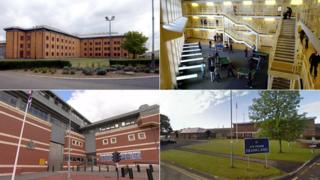 Clockwise from top left: Belmarsh Prison, HMP Woodhill, HMP Frankland and HMP Manchester