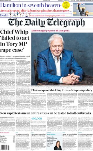 The Daily Telegraph front page 3 August