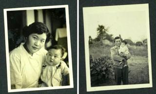 Old family album photos of Tomoko as a baby with her mother and father