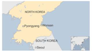 北朝鮮の平壌(Pyongyang)とミサイルが発射された元山(Wonsan)の位置
