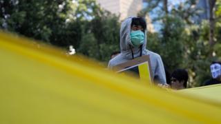 A pro-democracy protester takes part in a flash mob at lunch time in Hong Kong, China, 01 November 2019.