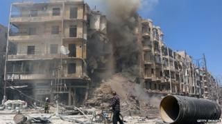 A building that has been bombed in Syria in April 2015.