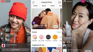 Three phone screens are seen here - Instagram and Facebook live both show influencer-types modelling products (one hat and one face cream) with links to buy them.
