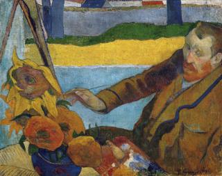 Van Gogh pintando girassóis, em retrato de Gauguin