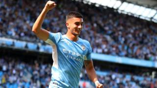 Ferran Torres celebrates after scoring for Manchester City