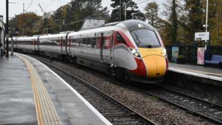 An LNER Azuma train at Morpeth station