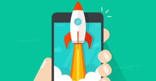 Ilustração representa um smartphone super rápido, com a imagem de um aparelho junto com um foguete