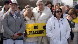 Actress Emma Thompson (centre) takes part in a protest march at the Preston New Road drill site