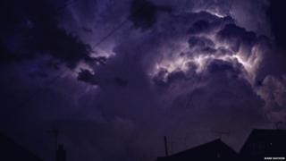 Lightning in the clouds over Oldham in Greater Manchester