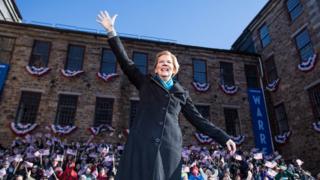 Elizabeth Warren waves at her campaign kickoff in Lawrence, Massachusetts