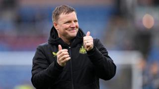 Eddie Howe, Manager of Newcastle United, gives a thumbs up following the team's victory during the Premier League match between Burnley FC and Newcastle United at Turf Moor