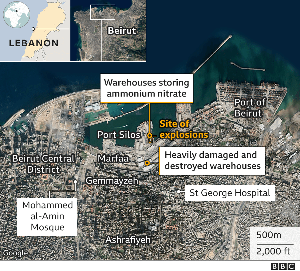 Map showing location of 4 August 2020 explosion in Beirut
