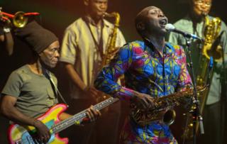 Nigerian musician Seun Kuti (R) and his band perform at the Festival Pirineos Sur, Huesca, Spain - Saturday 14 July 2018