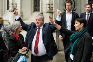 Plaid Cymru MP Liz Saville Roberts, Green Party MP Caroline Lucas and Ian Blackford, leader of the Scottish National Party