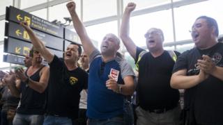 Striking workers of the private Grupo Eulen security company at the El Prat airport in Barcelona, 16 August 2017