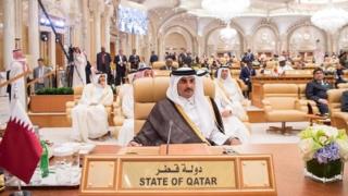 Emir of Qatar Tamim bin Hamad Al Thani attends the Arabic Islamic American Summit at King Abdul Aziz International Conference Center in Riyadh, Saudi Arabia on May 21, 2017.