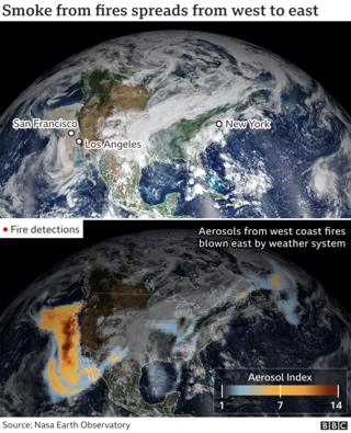 Nasa satellite image showing plumes of smoke crossing the US